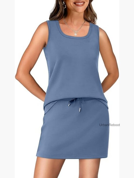 Tops - Two Piece Skirt Set - Sleeveless Square Neck Top & Tennis Skirt with Built-in